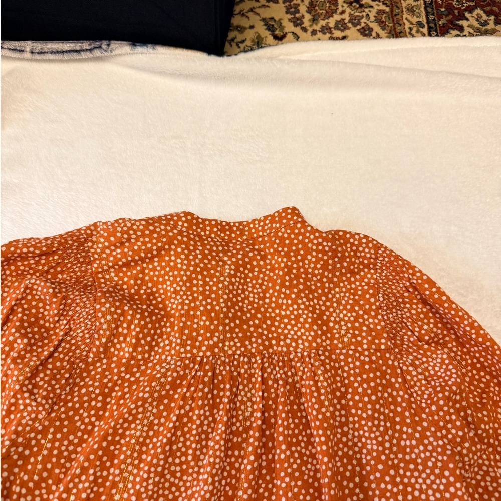 LOFT Womens Orange Dot Print Metallic Thread Long Sleeve Shirt
Size XSmall NEW - Picture 8 of 9